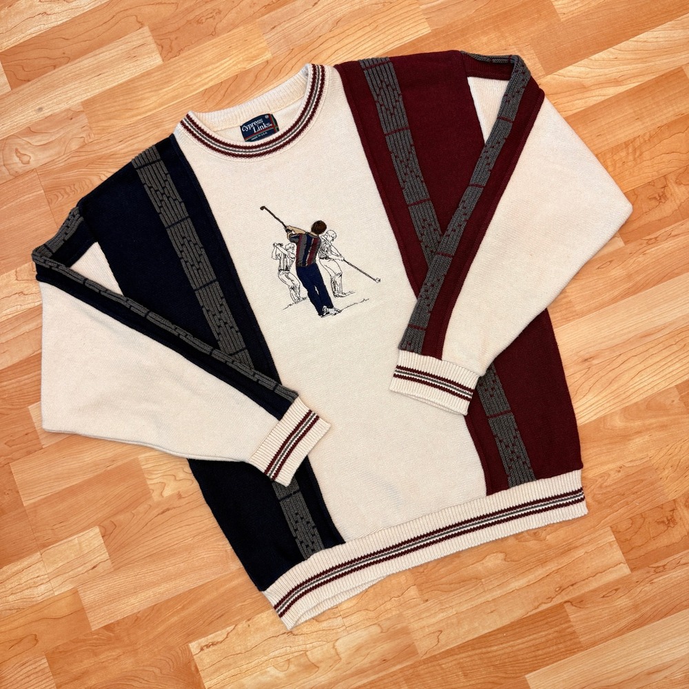Vintage Cypress Links Golf Sweater Mens Medium Colorblock Made in USA Crewneck
